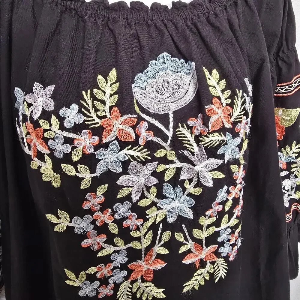 Free People Fleur Du Jour Enchanted Garden Mini Dress M Black Embroidered Floral